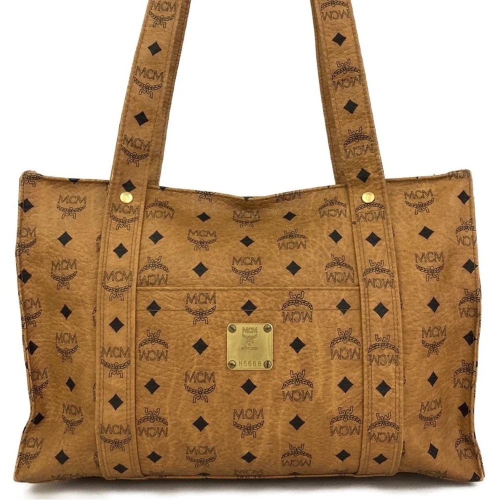 MCM Logo Visetos Leather Shoulder Tote Bag Brown